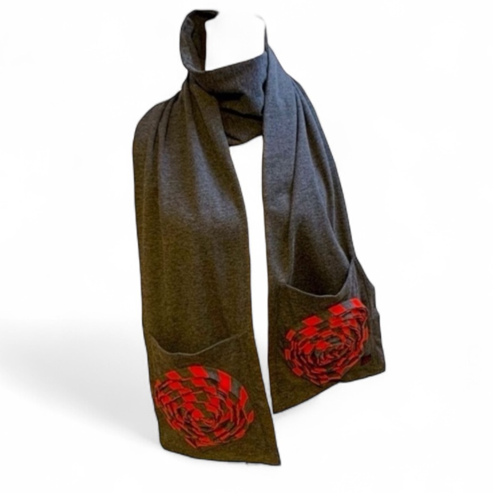 Winter Scarf with Pockets Gray and Red Spiral Floral Appliqué’s 77” Long Artsy